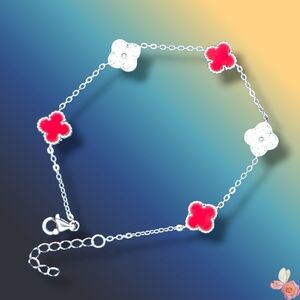 925 Sterling Silver Moissanite Red Enamel Clover Bracelet Adjustable 537